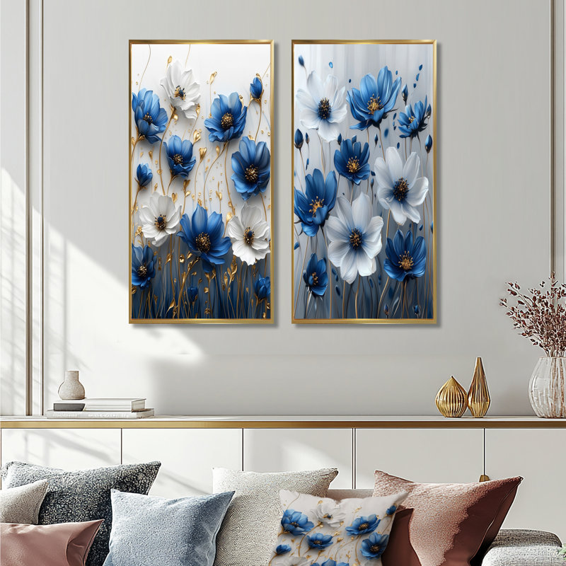 "Meadows of Blue Cornflowers III" - ensemble d'art mural 2 pièces, H 28 po x l 24 po, Cadre flottant doré