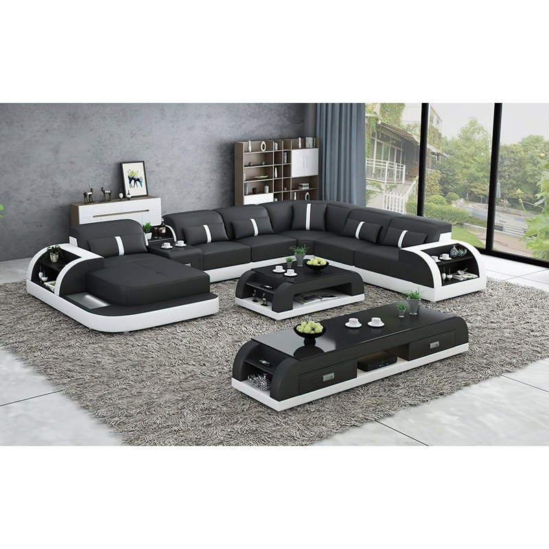Canapé modulaire avec table basse Anto, Noir, Face à la gauche