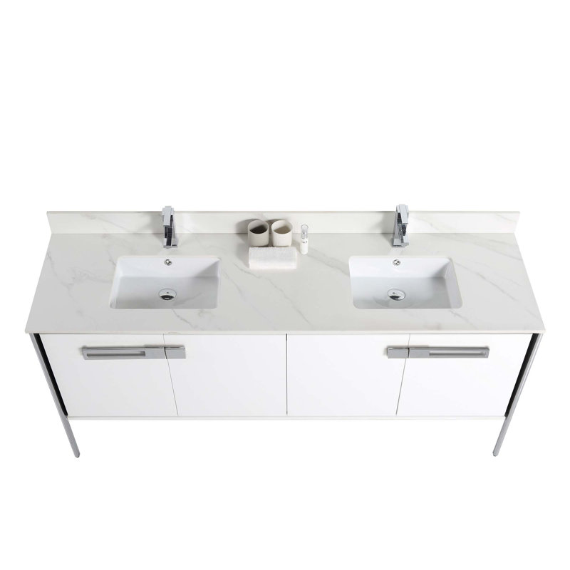 Meuble-lavabo double 72 po, Blanc mat, Chrome poli