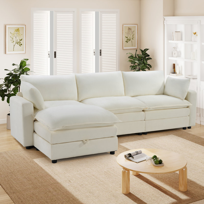 3 Piece Modern Chenille Upholstered Sectional With Storage Ottoman, White Chenille