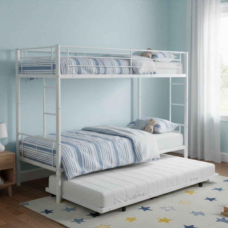 Twin Over Twin Metal Bunk Bed with Trundle for Teens and Adults, White