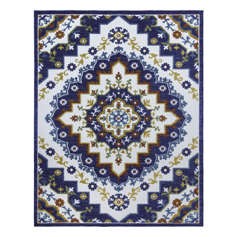 Fosel Arasi Ivory/Blue Transitional Mandala Style Flatweave Indoor/Outdoor Area Rug, Rectangle 8'9" x 13'1"
