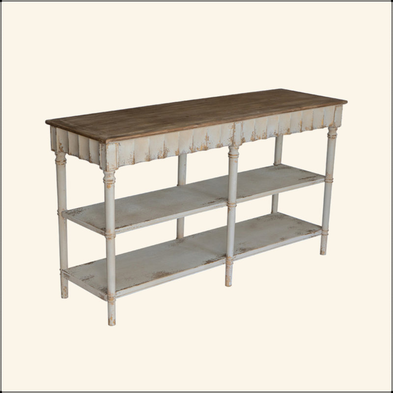 Console à trois niveaux en bois au fini blanc et beige patiné
