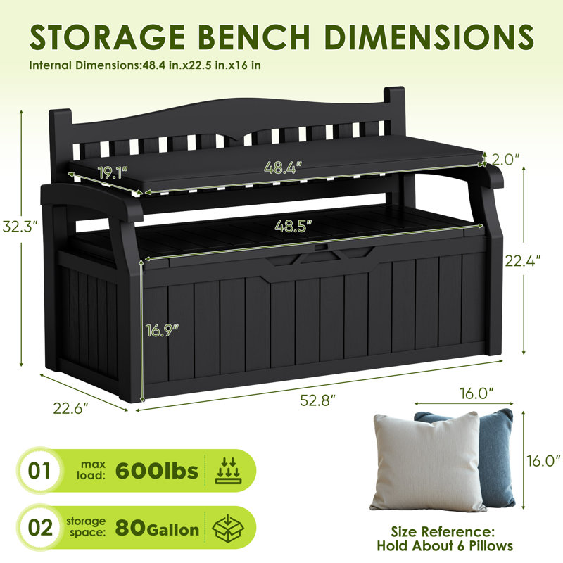 Banc de rangement en plastique avec coussin amovible, dossier et accoudoirs, couvercle verrouillable pour une utilisation intérieure et extérieure sur patio, garage, entrée