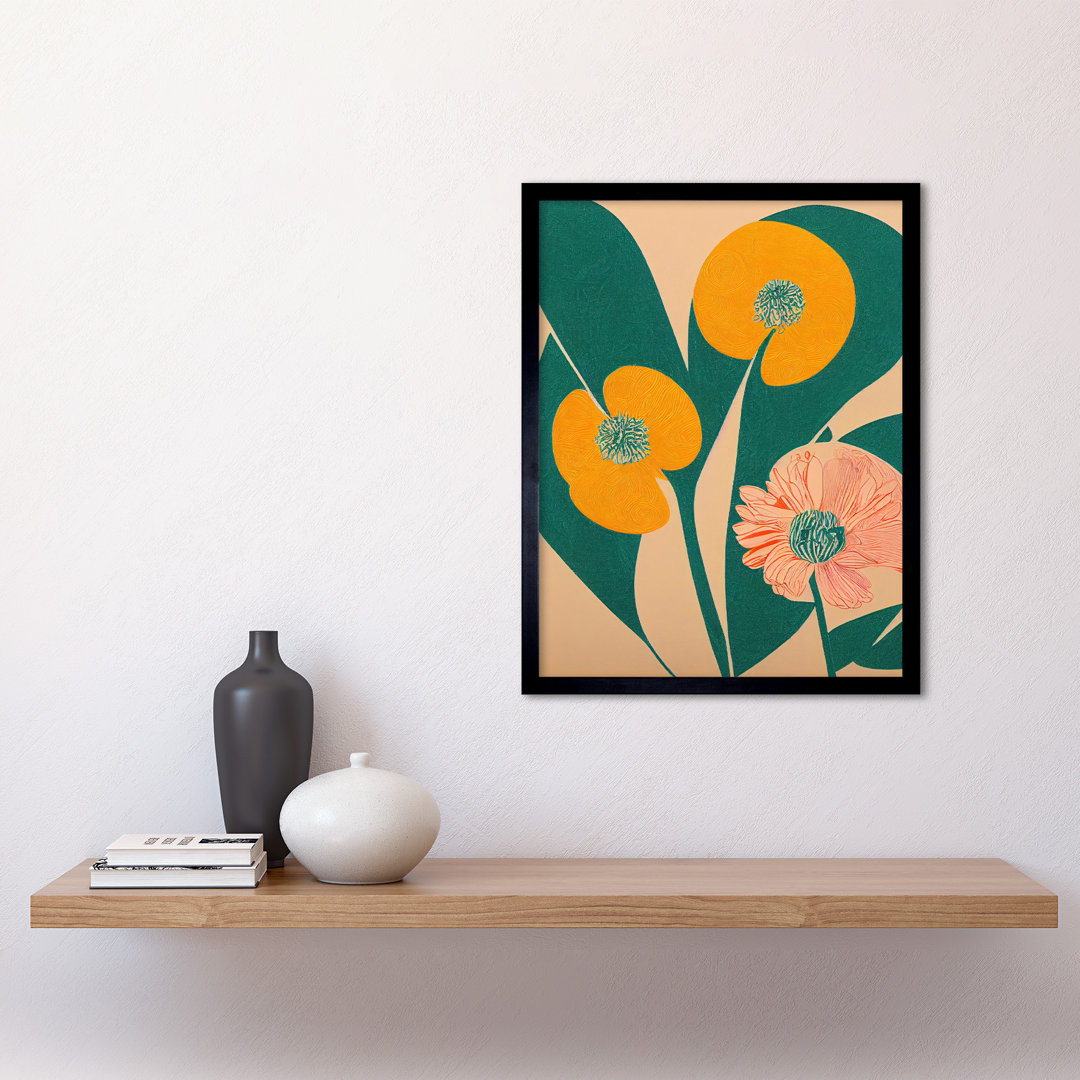 California Poppy Flower Turquoise Leaves - Single Picture Frame Print