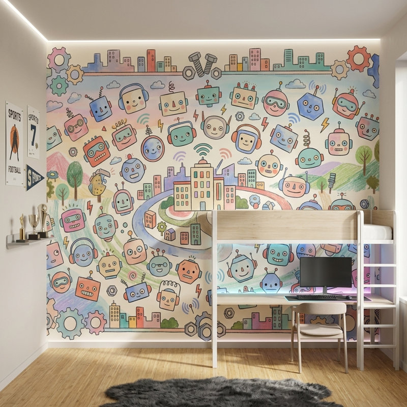 Décoration murale amovible Robots, 100 po x 96 po, Peler et coller