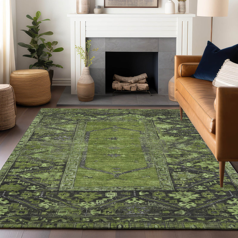 Tapis olive intérieur / extérieur lavable à la machine Xhevrie, Rectangle 5 pi x 7 pi 6 po