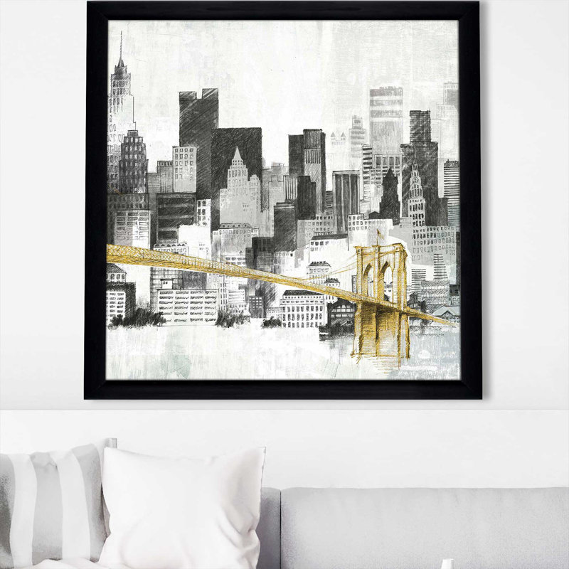 New York, horizon I, pont jaune II - peinture, H 37,5 po x l 37,5 po x P 1 po, Cadre noir