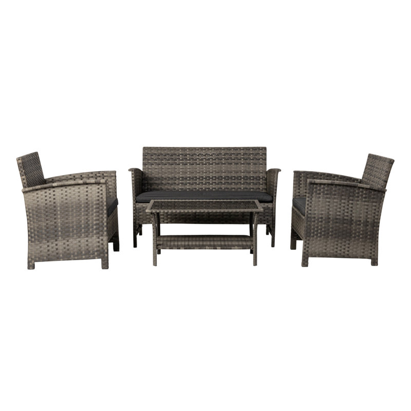 Patio Sense Wicker 4 pc Conversation Sofa, Two Armchairs & Table Cushions Included-Storm Grey Finish