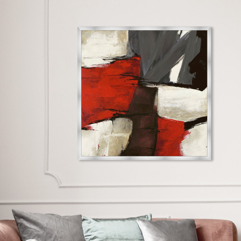 Abstrait rouge et blanc, reproduction d'art encadrée rustique pour le salon, Cadre argenté, H 42 po x l 42 po
