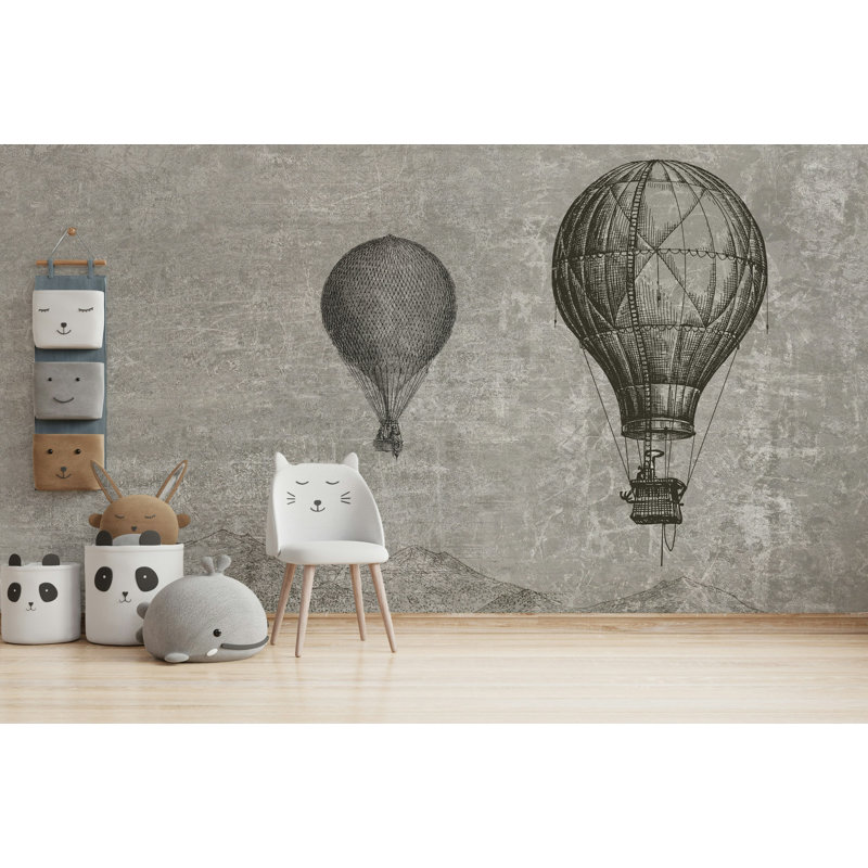 Papier peint rétro gris avec montgolfière, L 50 po x l 75 po