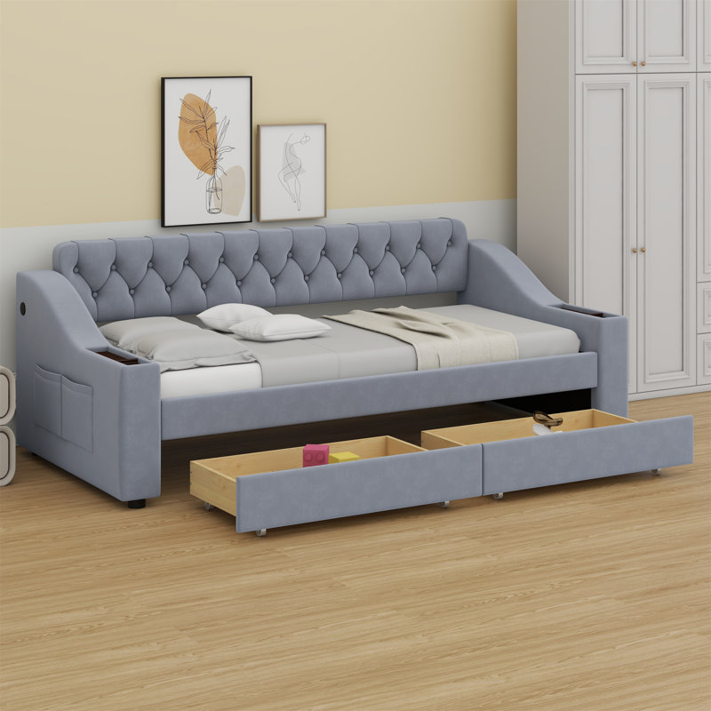 Upholstered Daybed With Storage Armrests And USB Port, Gray