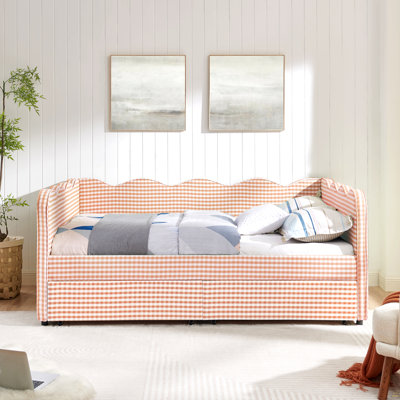 Full Size Cozy Gingham Daybed with Two Storage Drawers, with USB Port and Adorable Wave Shaped, Linen Fabric