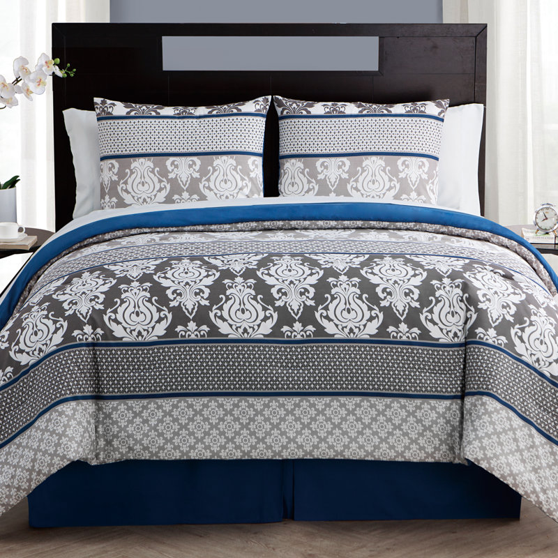 Full Blue Damask Microfiber Bed in a Bag Set
