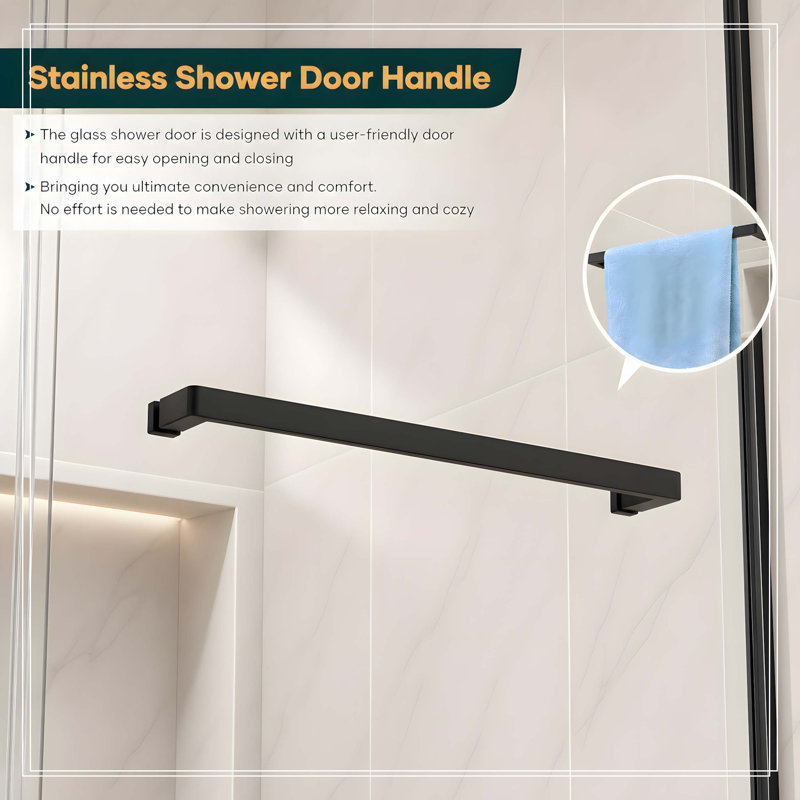 Porte de douche coulissante simple sans cadre l 60 po x H 74 po avec verre trempé transparent de 8 mm noir mat, Noir mat