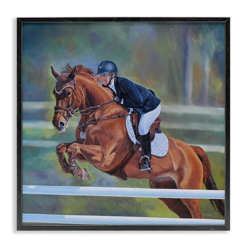 Art de la giclée, jockey, saut d'obstacles, par Andrew Kiss, Giclée encadrée noir minuit, H 24 po x l 24 po