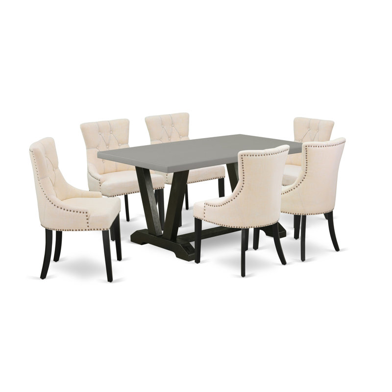 Ensemble de table de salle à manger 7 pièces - 6 chaises de salle à manger beige clair avec table de cuisine capitonnée et ciment - Finition noire brossée