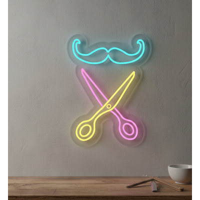  | Enseigne néon ciseaux et moustache | Fabriqué avec des tubes néon durables de haute qualité offrant un éclairage lumineux et uniforme pendant plus de 50 000 heures sans gradation ni scintillement | 20 x 15 | Bleu, rose, jaune