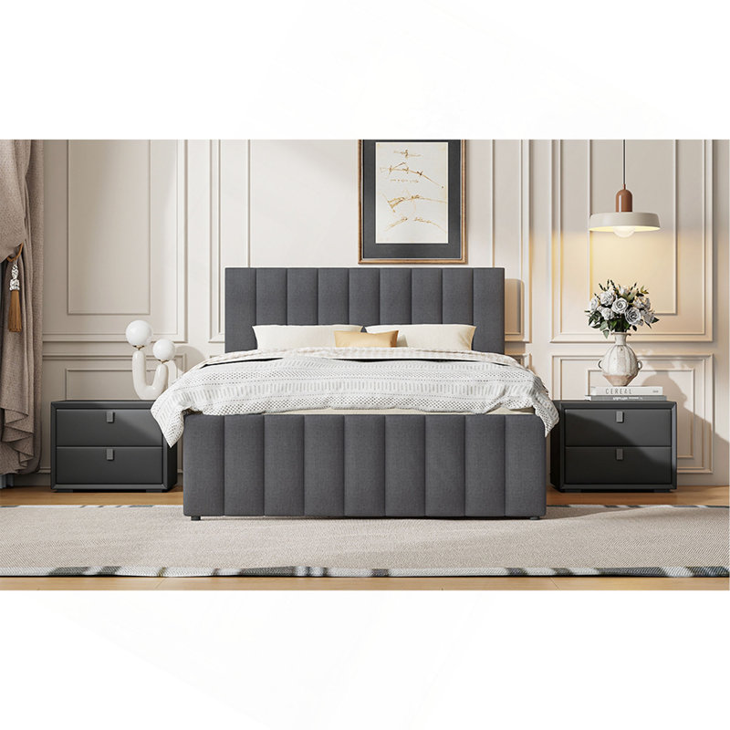 Lit plateforme double tapissier avec lit gigogne simple et 3 tiroirs, tissu en lin, gris