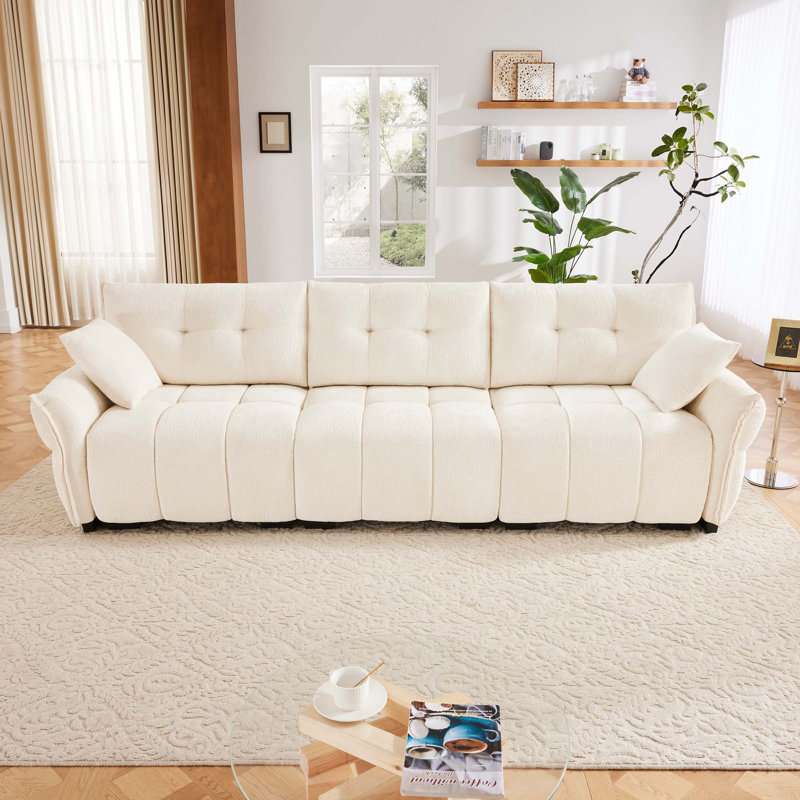 Canapé moderne capitonné 3 places avec coussins, Chenille blanche