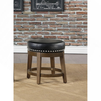 Round Stool Set Of 2 Faux Leather 360-Degree Seat Nailhead Trim Solid Wood Frame Brown Finish Transitional Style Furniture