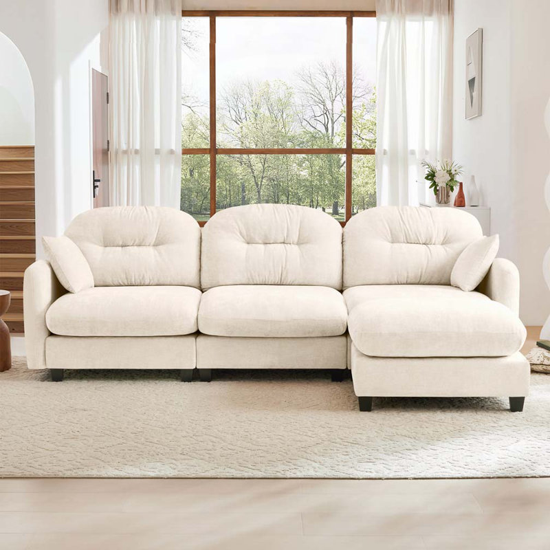 Canapé modulaire en chenille 3 places avec 2 coussins et repose-pieds, 3, H 36,6 po x l 107 po x P 34,2 po, Beige