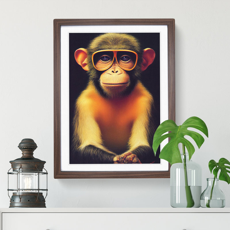 Monkey In Glasses No.1 - Framed Print, 64cm H x 46cm W, Brown