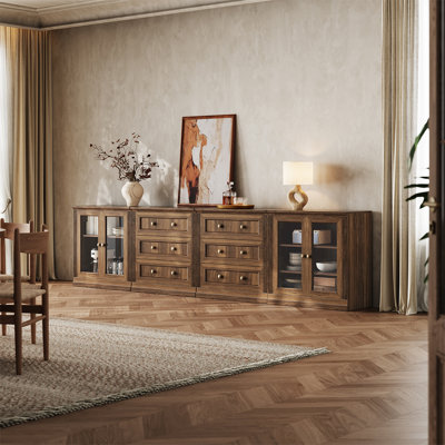 Buffet modulaire moderne Monos avec vitrines et meuble bas à 3 tiroirs, noyer