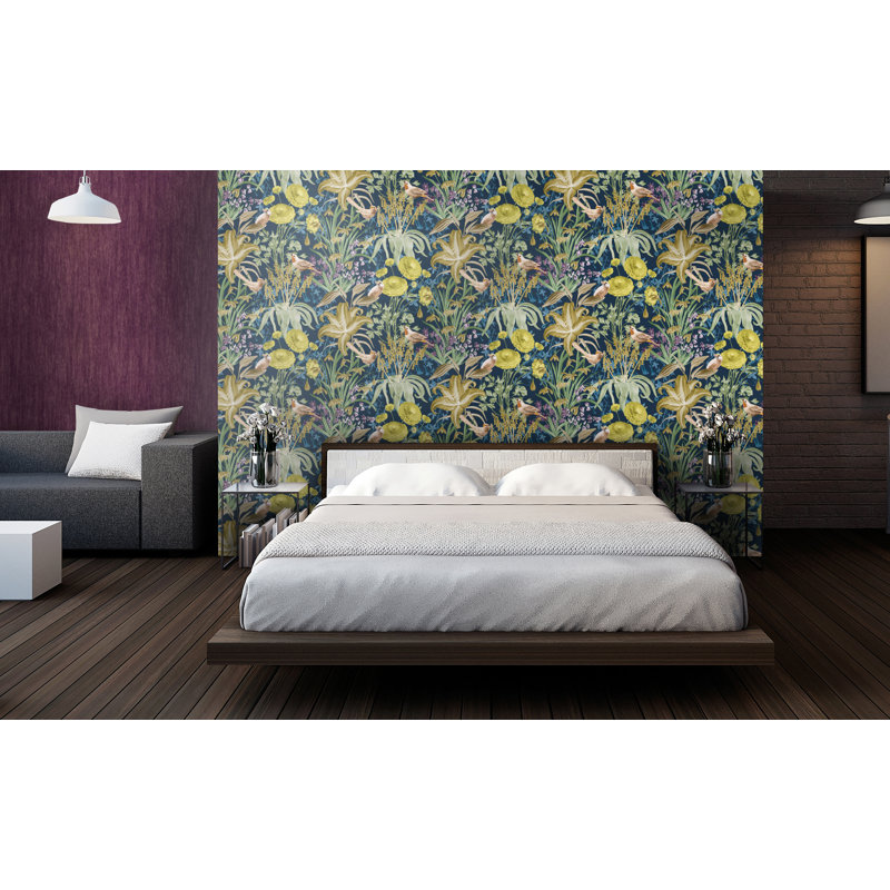 Harldson Mo'orea Inspired Flowers And Birds 8.5 m x 70cm Wallpaper Roll, Blueberry