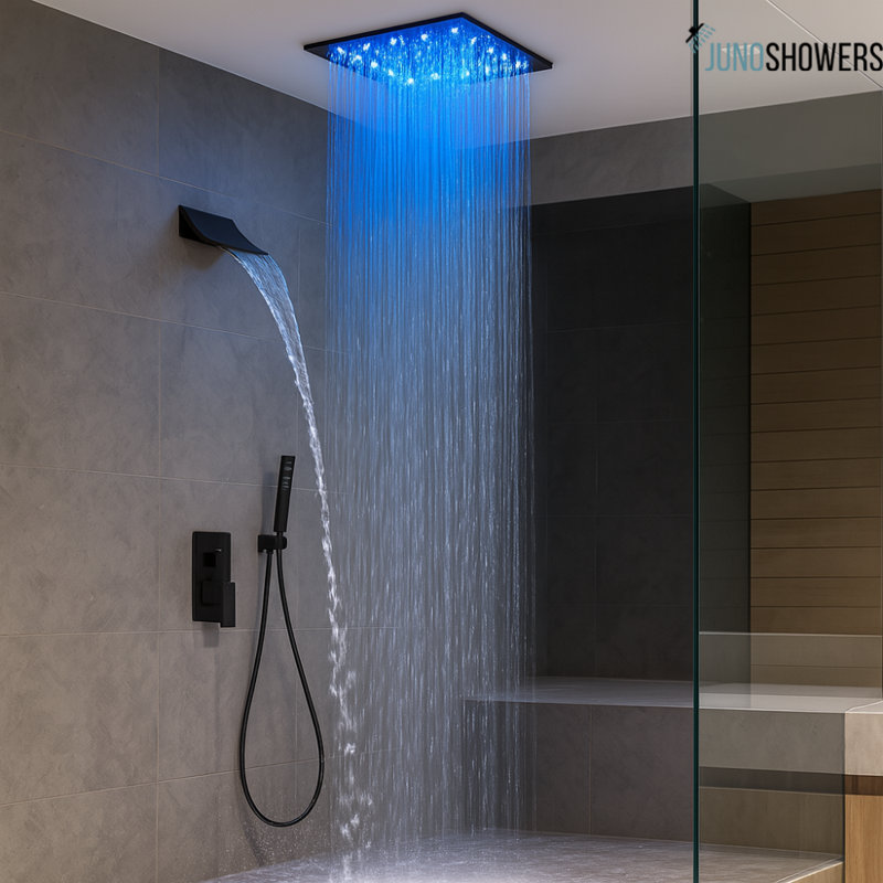 Système de douche chromé 12 pouces avec valve thermostatique et douchette, fixation murale