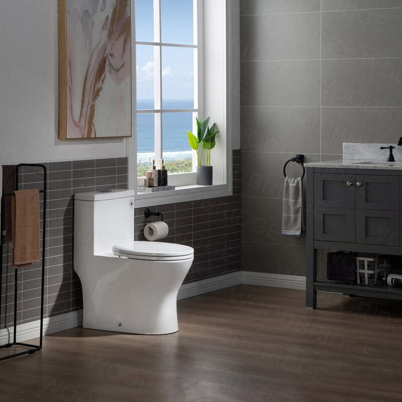 WoodBridge 1.6 GPF Round Floor Mounted One-Piece Toilet (Seat Included ...