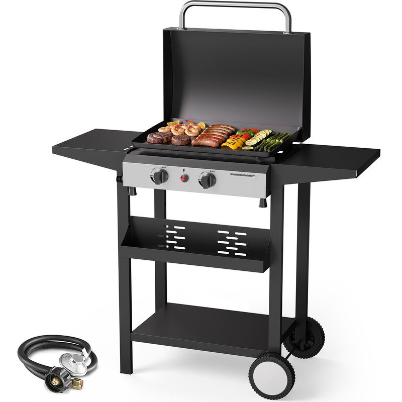 Barbecue au gaz propane 2 brûleurs de 43 cm avec chariot roulant tout-en-un, plaque de cuisson extérieure à roulettes, argent