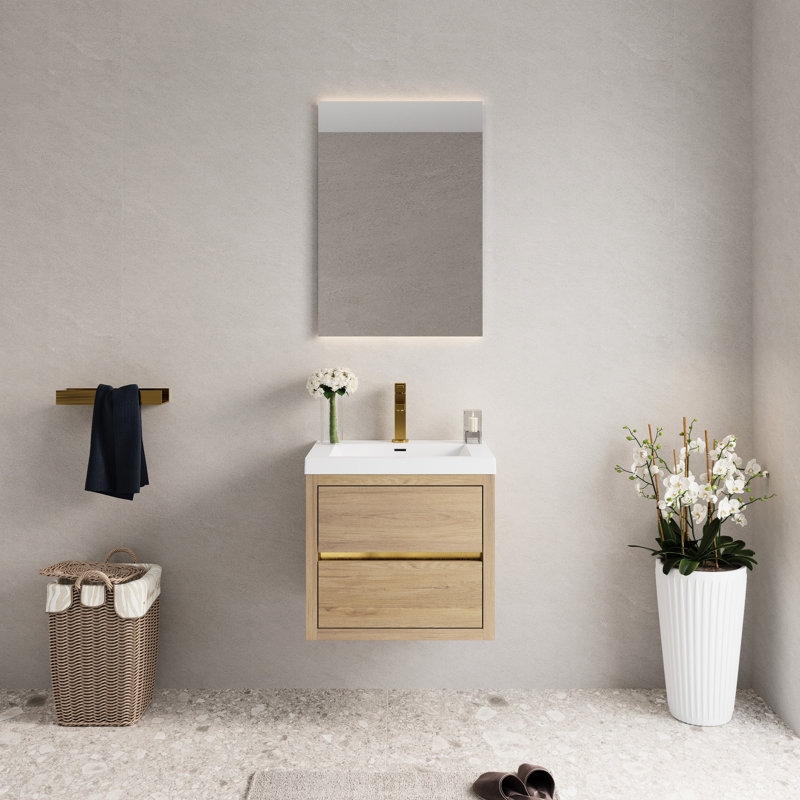 Meuble-lavabo mural de 24 po avec comptoir en résine de pierre et mécanisme de tiroir à fermeture en douceur, bois d'ingénierie entièrement assemblé dans une teinte chêne, amplement d'espace pour les articles essentiels, profondeur de 23,61 po, profondeur de produit 28,5 po