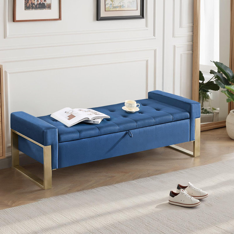 Banc de rangement rembourré avec pieds en métal, Bleu