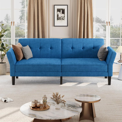 89 Inch Blue Futon Sofa Bed Modern Convertible Loveseat Sleeper, Multi-Position Recline with Adjustable Backrest and Armrest, Space Saving Couch Bed for Living Room Bedroom Apartment