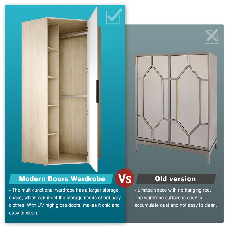 186*80*80CM Modern Simple Corner Wardrobe With High Light UV Door Panel,Solid Wood Style, Black/Oak