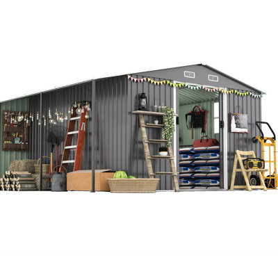 Remise de rangement extérieure 10 pi x 12 pi, remise en métal avec fenêtres et portes verrouillables, idéale pour l'équipement de jardin, les tondeuses à gazon, l'équipement saisonnier, conception à deux zones, bien ventilée, acier galvanisé, gris