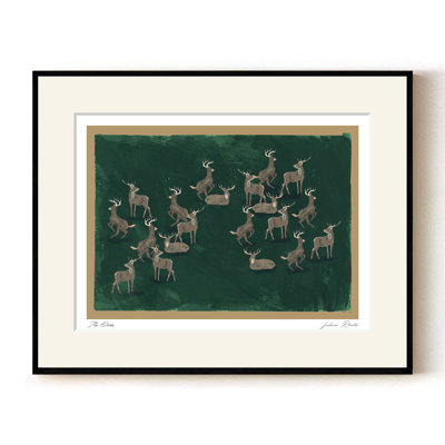 Mod-Ensemble The Deer by ChiChi – Deep Green Tone Minimalist Art Print Featuring Stags | 36"H x 48"W | Black Frame