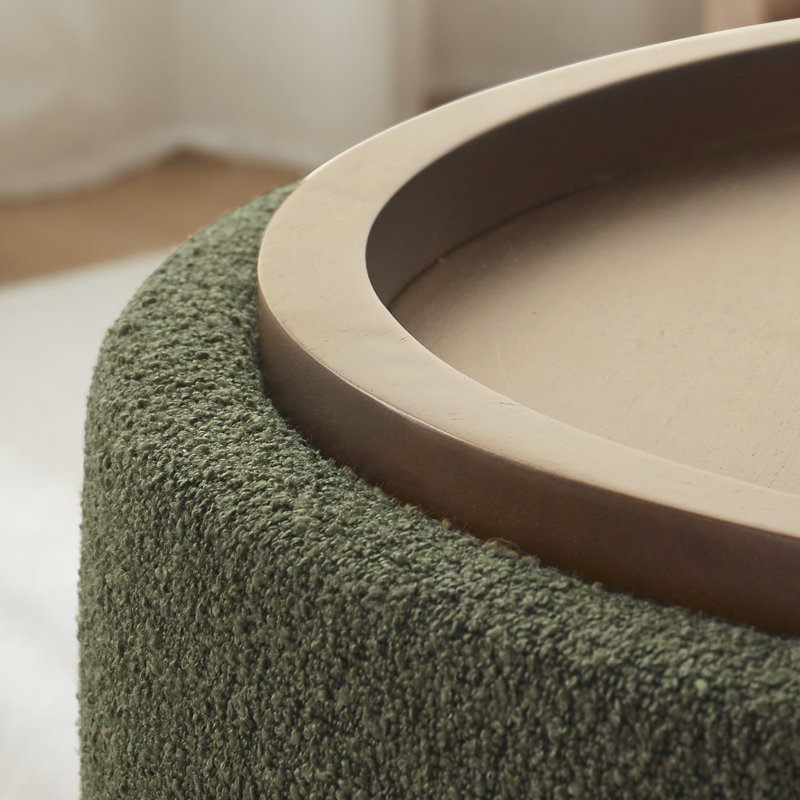 Caysey 30.1" W Upholstered Round Storage Ottoman with Wooden Tray, Dark Green