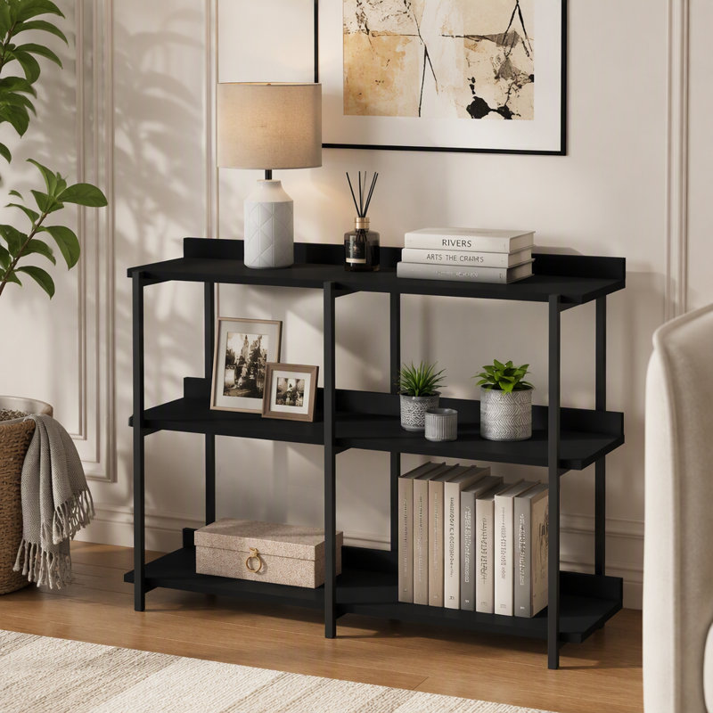 Table d'appoint, console, vestibule, étroit, canapé, salon, chambre à coucher, stratifié noir, métal noir, contemporain, moderne