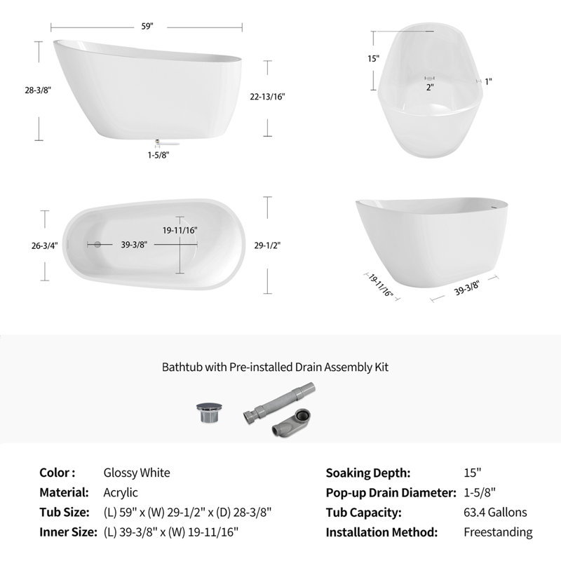 60" x 31" Freestanding Soaking Acrylic Bathtub