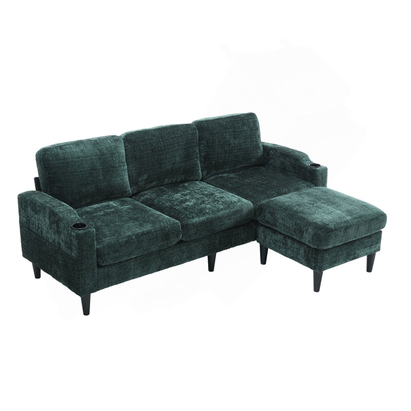 Canapé pour trois personnes, structure en bois massif, tissu chenille, poche latérale, avec deux porte-gobelets, repose-pieds avec rangement et canapé de salon Canapé modulaire confortable
