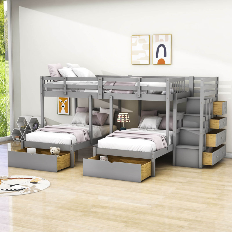 Lit superposé simple au-dessus de 7 tiroirs Evelean, gris