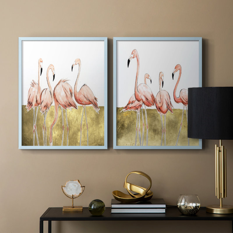 «Flamingo Flock I», reproduction encadrée de qualité supérieure - prête à être accrochée - aucun clou requis - aucun clou requis