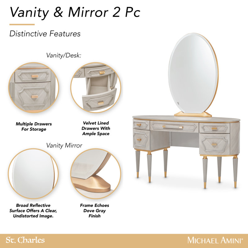 St. Charles Vanity Desk With Mirror & Chair - Dove Gray