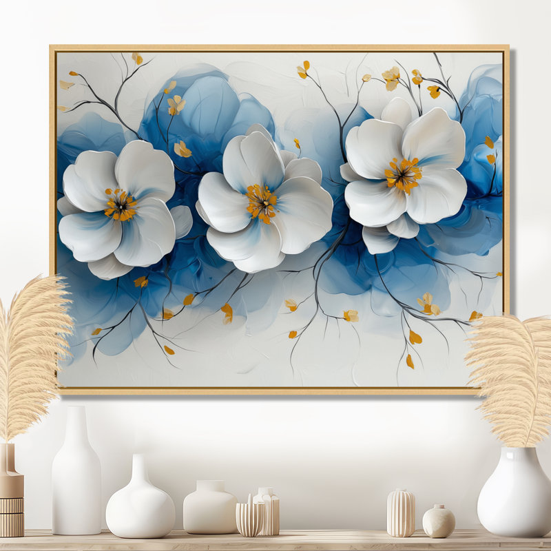 Velours cerisier en fleurs bleu Simplicity III - art mural fleur de cerisier, H 12 po x l 20 po, Cadre flottant, Brun