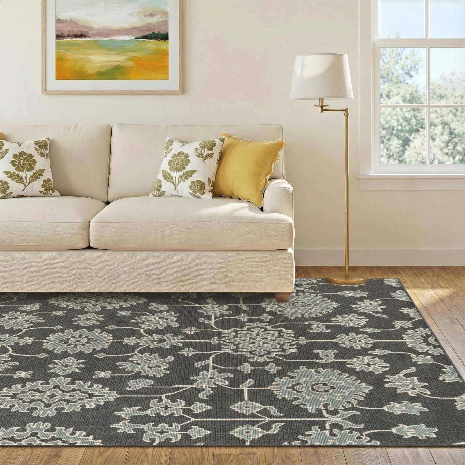 Adrienne Charcoal Floral Outdoor Rug, Rectangle 6'7" x 9'6"