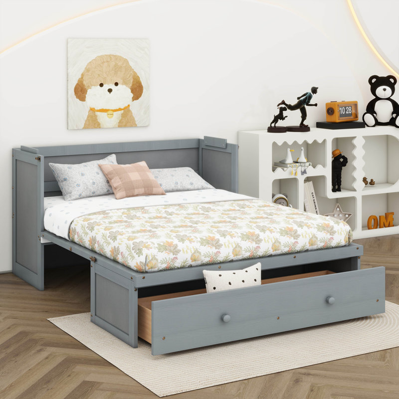 Lit escamotable avec tiroirs de rangement intégrés, gris, Double