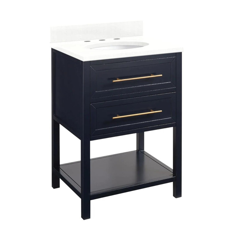 24" Robertson Single Bathroom Vanity Set with Oval Undermount Sink, Feathered White Quartz, 8" Widespread, Midnight Navy Blue