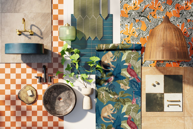An assortment of tropical wallpaper, tiling, rattan pendant lighting, and stoneware sinks for a tropical bathroom style.